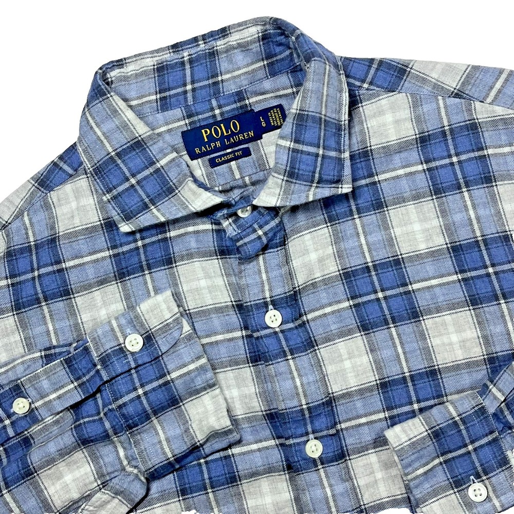 Polo Ralph Lauren Button Down Mens L Blue Plaid Classic Fit Cotton Flannel Shirt